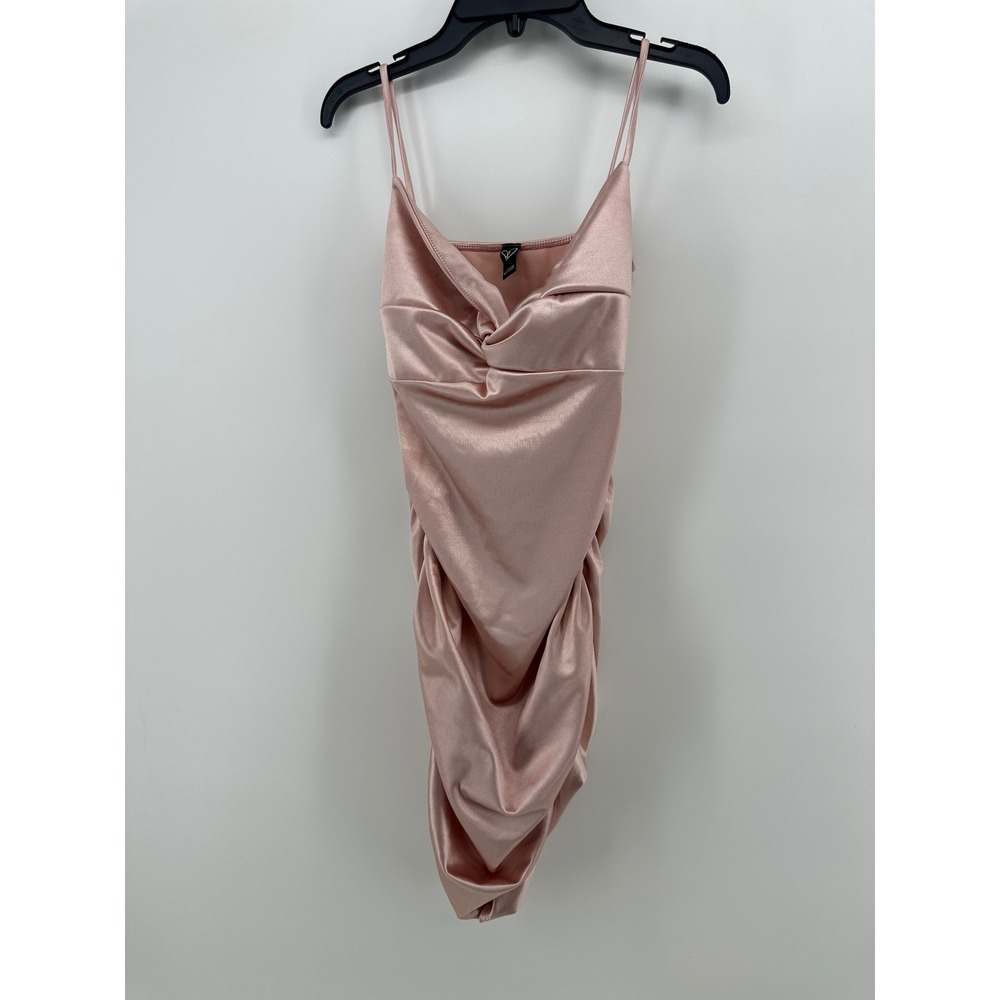 Windsor Pink Satin Twist Front Ruched Bodycon Mini Dress Size M ED4261
